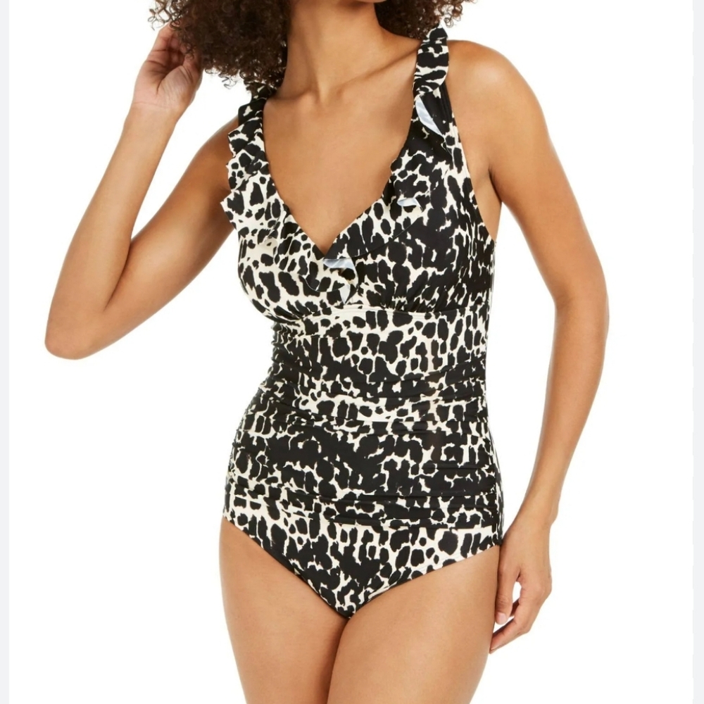 Dkny Women's Printed Ruffled Underwire TummyControl One-Piece Swimsuit 14